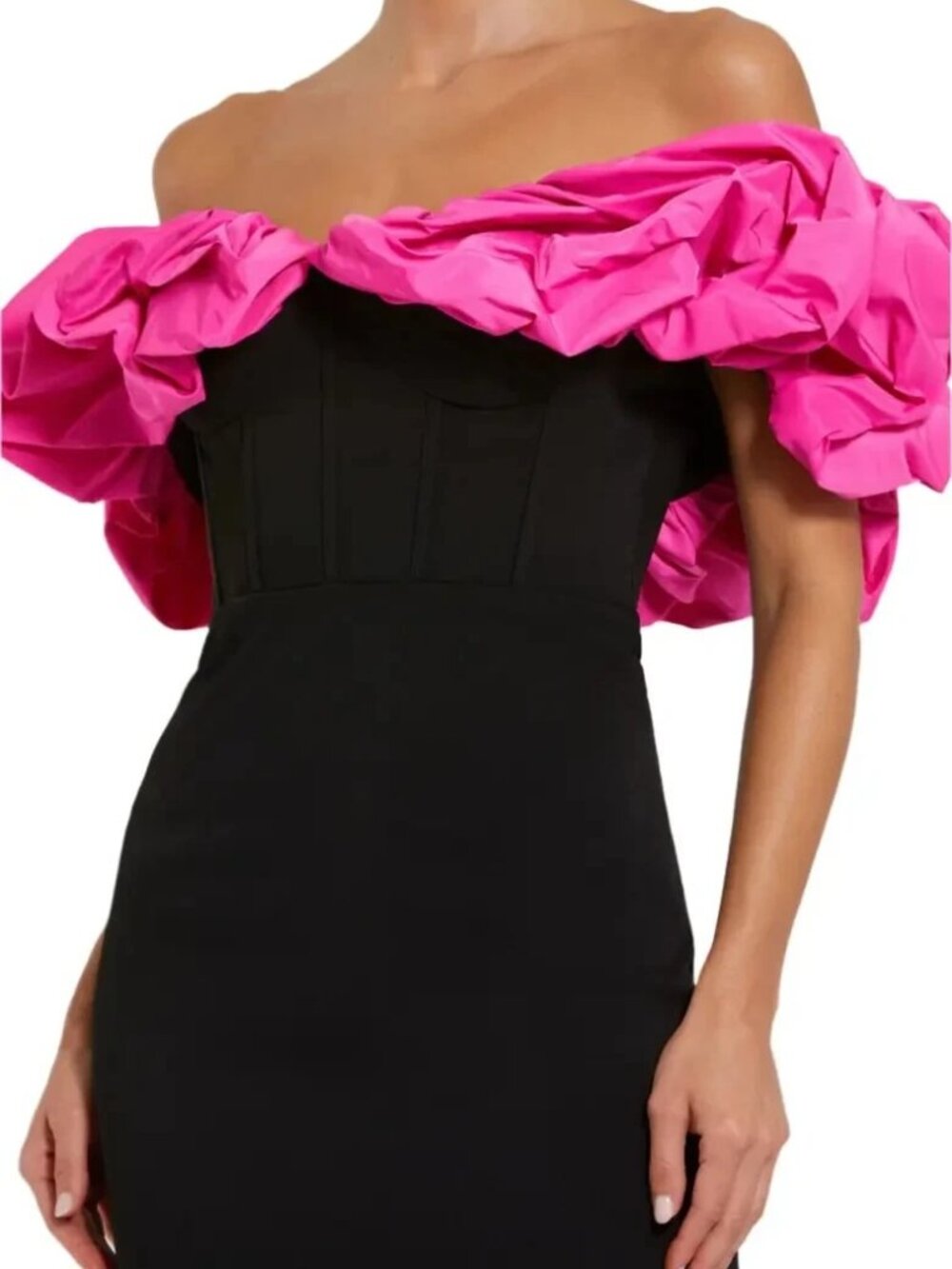 Mac Duggal Black Hot Pink Crepe & Faille Off The Shoulder Gown - Picture 3 of 3